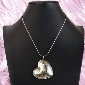 Silver Tone Heart Pendant Snake Link Statement Necklace